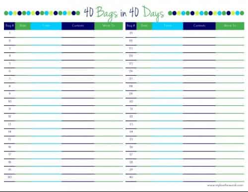40 Bags in 40 Days free printable