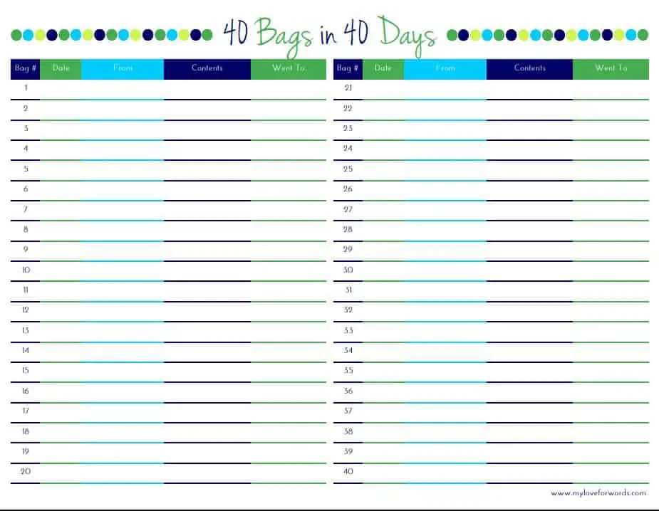 40 Bags in 40 Days free printable