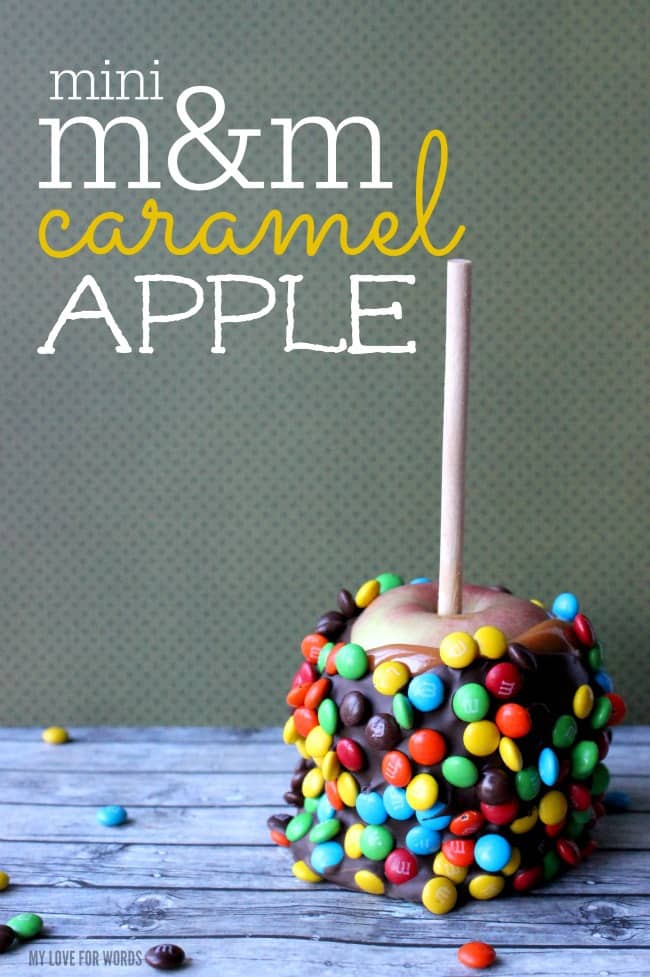 Fun and playful M&M covered caramel apples are perfect for a party or special occasion. Kids literally eat them up!