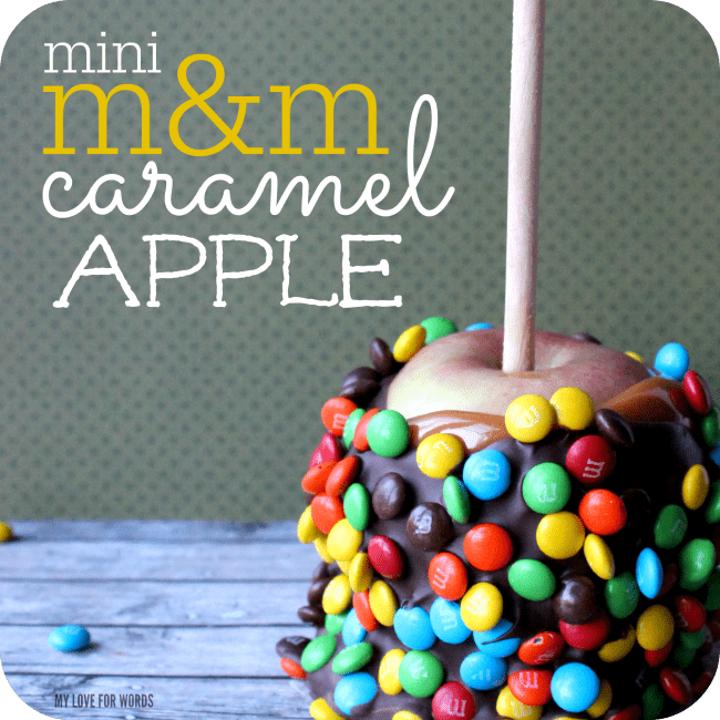 Fun and playful M&M covered caramel apples are perfect for a party or special occasion. Kids literally eat them up!