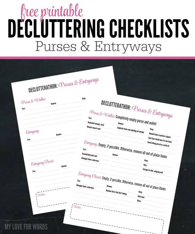 Keep track of your decluttering with this handy decluttering checklist for purses and entryways.