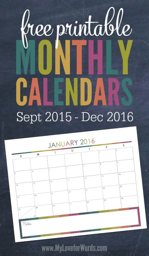 Love these free printable 2016 Monthly Calendars! It includes the end of 2015 too!