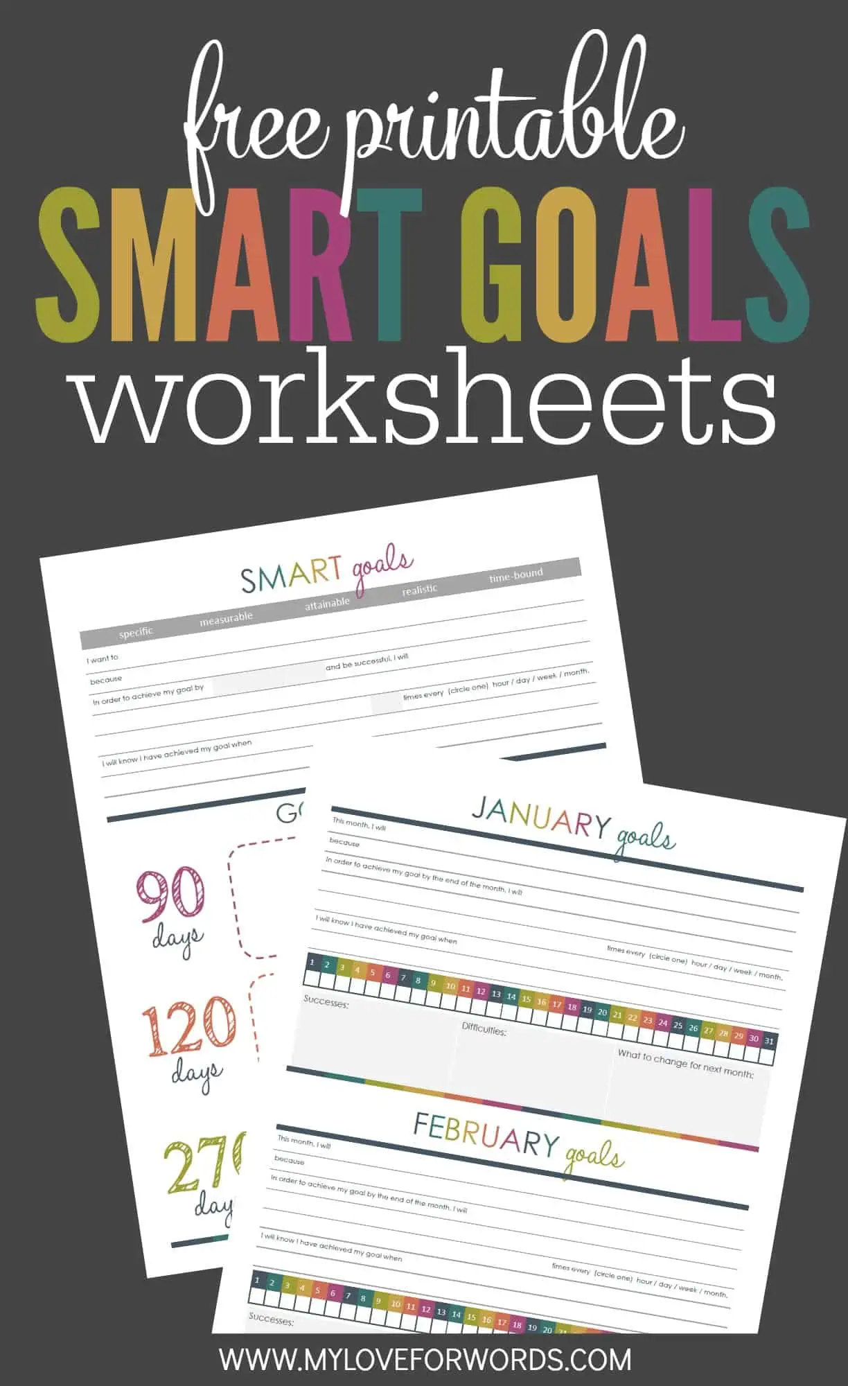 Setting smart goals is a great way to stay on task and achieve your dreams. Whether they're New Year's Resolutions or goals you've tried to achieve over and over again, reworking them to be SMART goals can make the difference you need to finally achieve them, and these free printable worksheets will show you how to turn them into smart goals and track your successes.