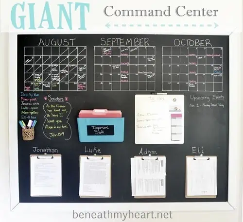 LOVE these ideas for creating a DIY family command center at home! It's the perfect way to keep everyone organized (including kids!) and running smoothly, and such a smart way to use wall space in the kitchen, entryway, or office. Customize it on the cheap with cute printables or framed artwork.