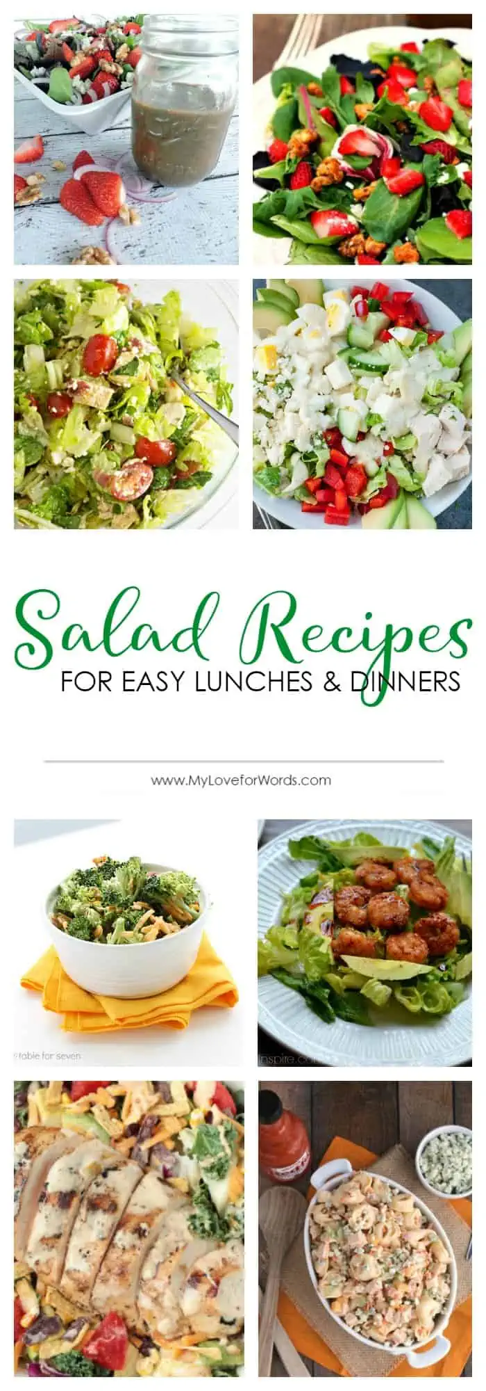 Salad recipes for easy lunches and dinners! The perfect solution for hot summer nights or when you're just too tired to cook. Also great for parties and bbq nights. Customize with your own ingredients like chicken, egg, pasta, fruit, or your favorite salad dressing. Healthy and delicious... it doesn't get better than that!