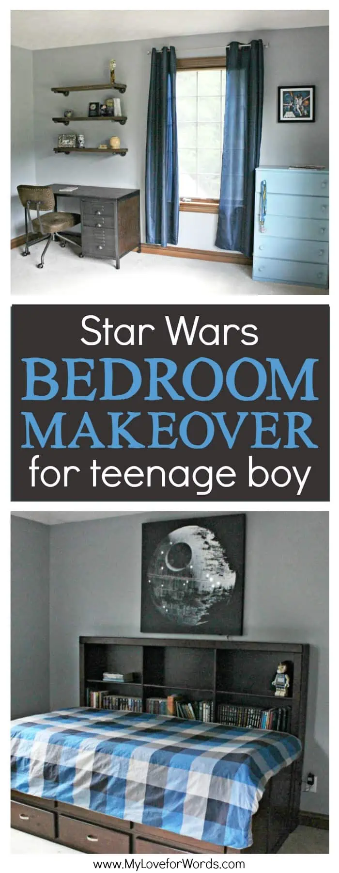 I love this Star Wars bedroom she created for her teenage son! The decor is modern and simple. So many great design ideas!