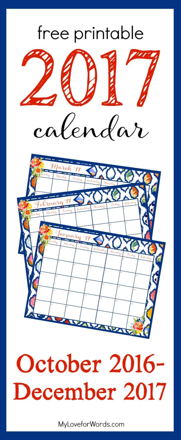 Start the new year on the right foot with these free printable monthly calendars! Includes 15 months (October 2016 through December 2017) so you can start getting organized, planning goals, and successfully achieving resolutions right now with these calendar printables.