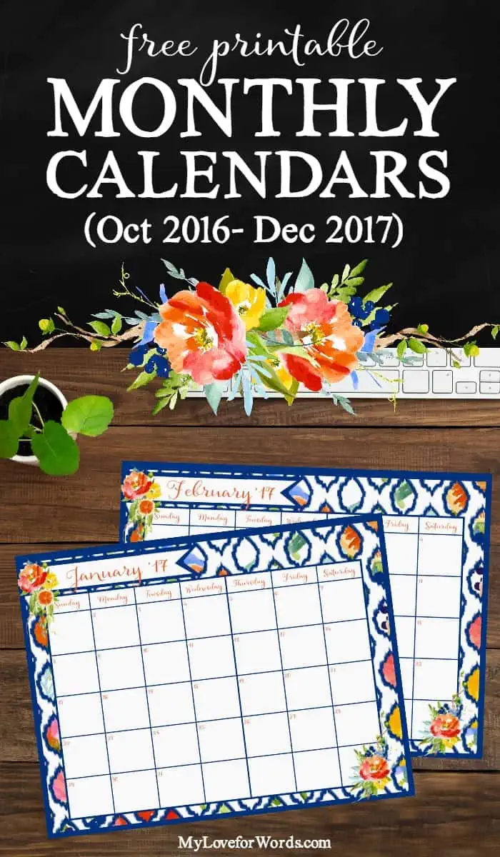 Start the new year on the right foot with these free printable monthly calendars! Includes 15 months (October 2016 through December 2017) so you can start getting organized, planning goals, and successfully achieving resolutions right now with these calendar printables.