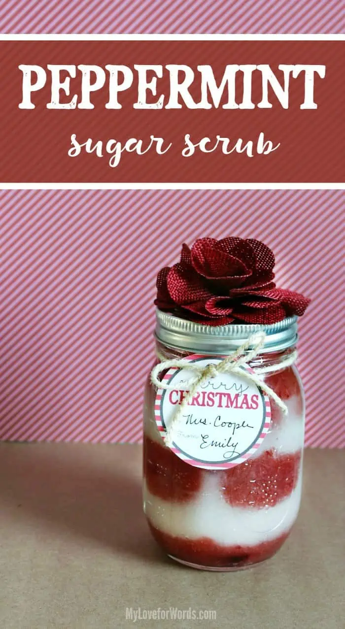 This super easy homemade peppermint sugar scrub recipe is the perfect diy gift for the holidays! It's a thoughtful but inexpensive gift and even includes two free printable Christmas gift tags! Such a great way to use peppermint essential oils!