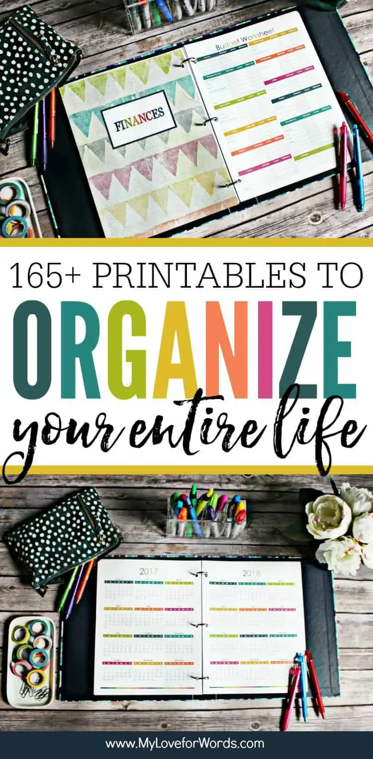 Getting organized just got easier!! This printable planner is perfect for organizing your time, daily, weekly, and monthly activities, cleaning routine, meal planning, finances, kids, pets, passwords, contacts, and more! Just about anything you'd want to schedule can be tracked and organized while reducing the paperwork floating around your home! It has more than 165 different printables and comes in both the standard letter and A5 sizes. Coordinating free printable 2017 calendars are also available on the blog.