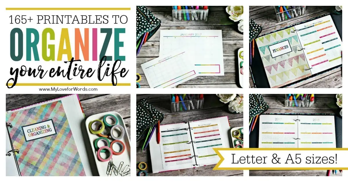 Getting organized just got easier!! This printable planner is perfect for organizing your time, daily, weekly, and monthly activities, cleaning routine, meal planning, finances, kids, pets, passwords, contacts, and more! Just about anything you'd want to schedule can be tracked and organized while reducing the paperwork floating around your home! It has more than 165 different printables and comes in both the standard letter and A5 sizes. Coordinating free printable 2017 calendars are also available on the blog.