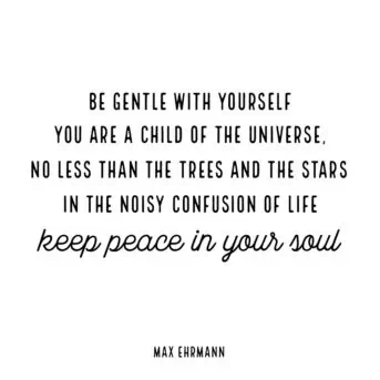 Inspiring quote: Be gentle with yourself. You are a child of the universe, no less than the trees and the stars. In the noisy confusion of life, keep peace in your soul. Max Ehrmann