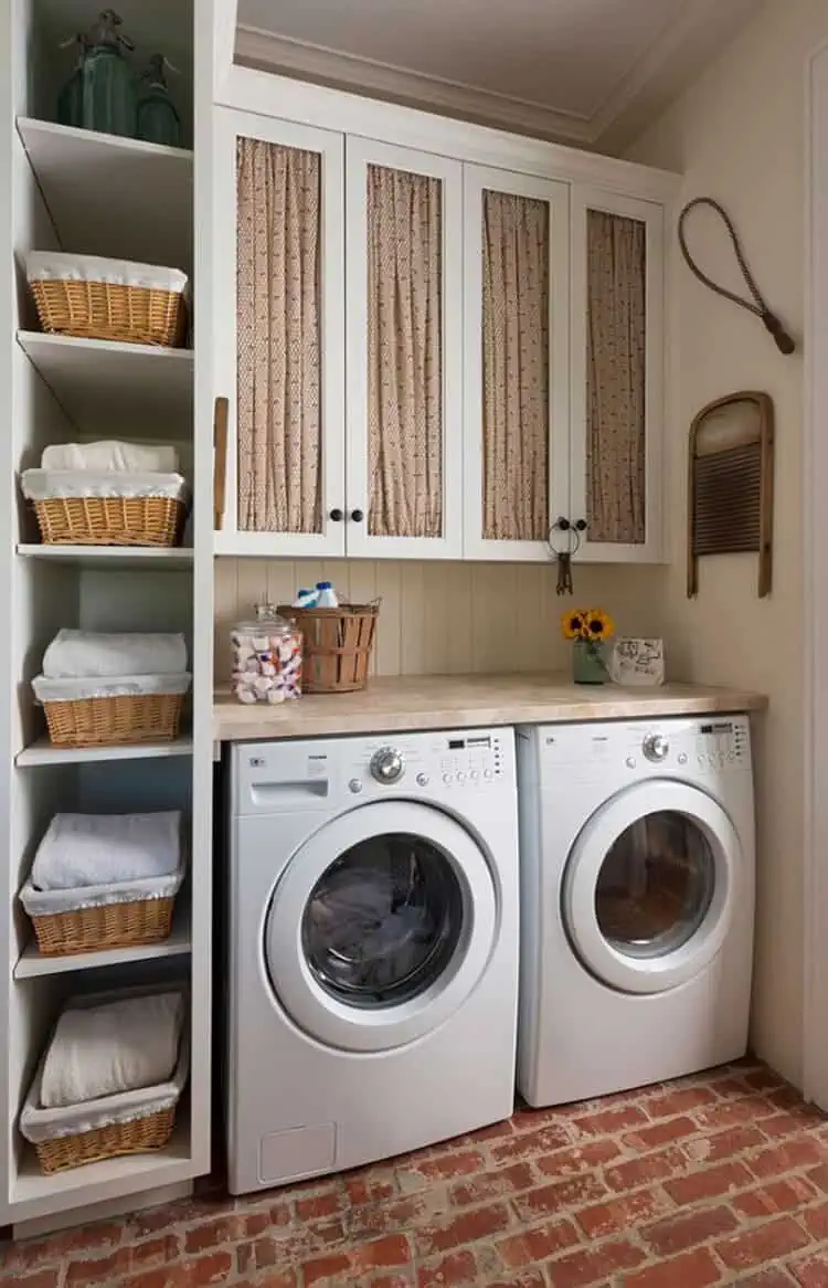 Laundry Room with chicken wire cabinets and shelves and baskets to provide storage space