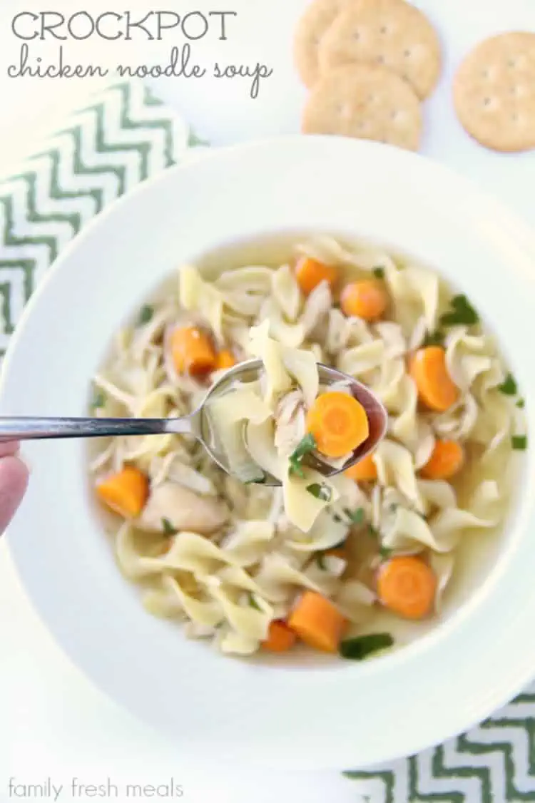 Crockpot Chicken Noodle Soup in a white plate with a spoon close up