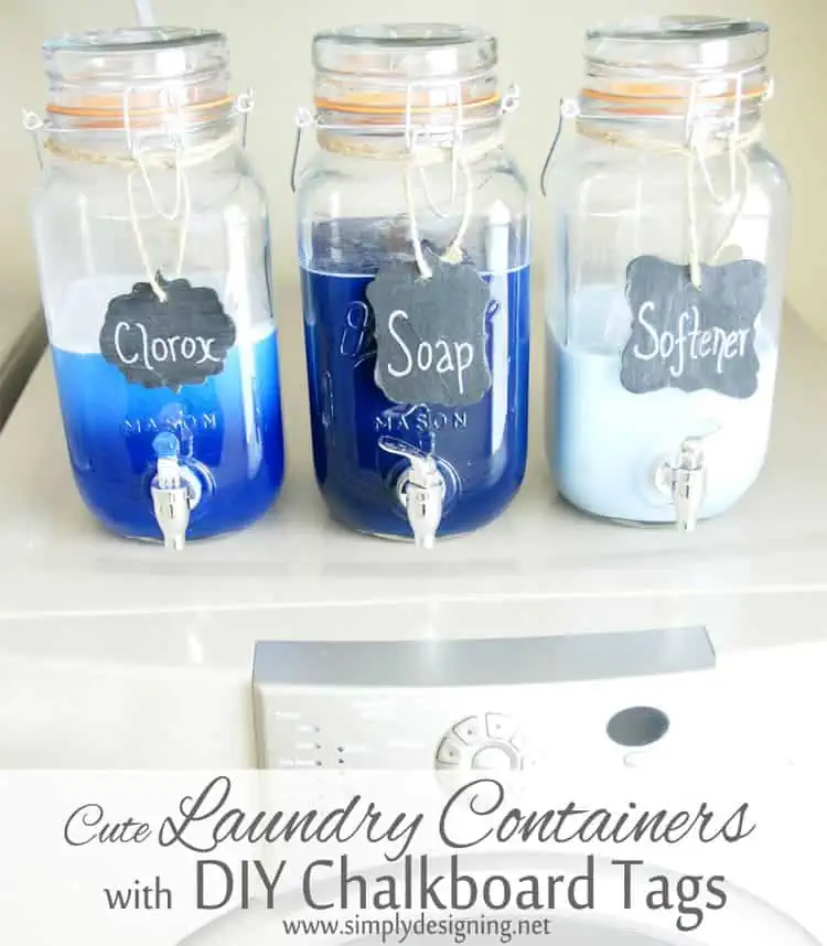 three DIY mason jar laundry soap dispensers with chalkboard tags with clorox, soap and softener