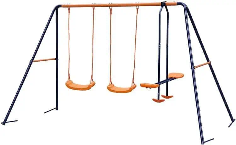 Backyard playground swing set with two seats and swing glider, metal frame with steel chain and thick rope, triangle structure with ground holder, dark blue and orange color