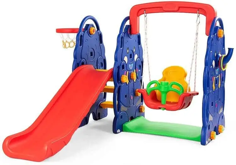 bright and colourful toddler playing set from non-toxic HDPE material, with slide and steps to it, sturdy swing, basketball hoop and lapping to the elephant nose and ringers