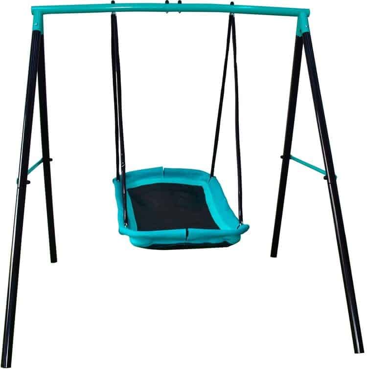 Swing set for toddlers up to two years, saucer swing frame from heavy duty weather-resistant steel tubes, powder-coated paint finish and ropes, black with bright blue color