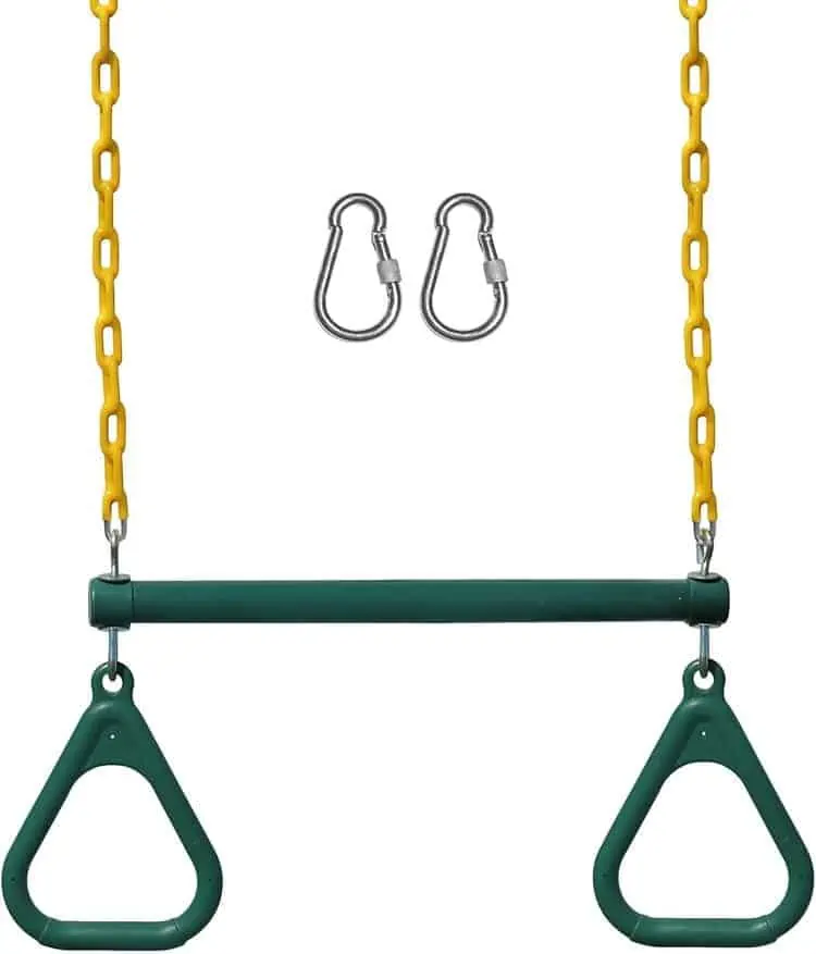 swing set trapeze bar with rings and heavy chains, from alloy steel and plastic, green powder-coated with yellow chains and 2 steel carabiners