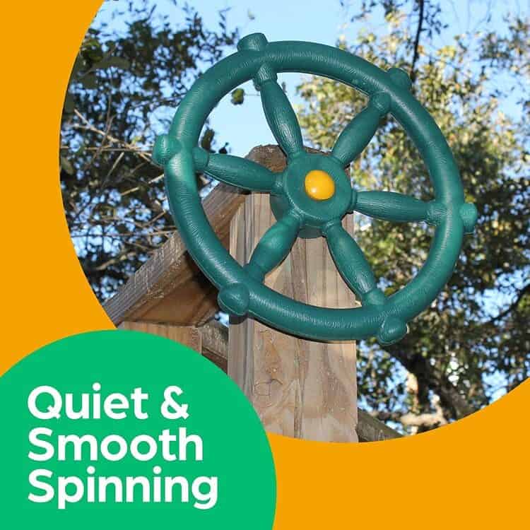 Green and yellow pirate ship wheel for kids - plastic accessory for outdoor playhouse, treehouse, backyard playset or swing set