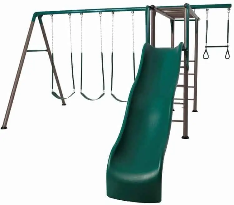 Alloy steel swing set with belt swings with rubber grips, trapeze bar with gym rings, wavy slide, fireman's pole, and monkey bars, grey with dark green color