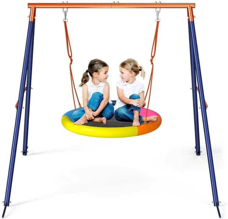 outdoor saucer swing with A-frame design, heavy-duty metal frame and adjustable ropes, round colourful kids swing