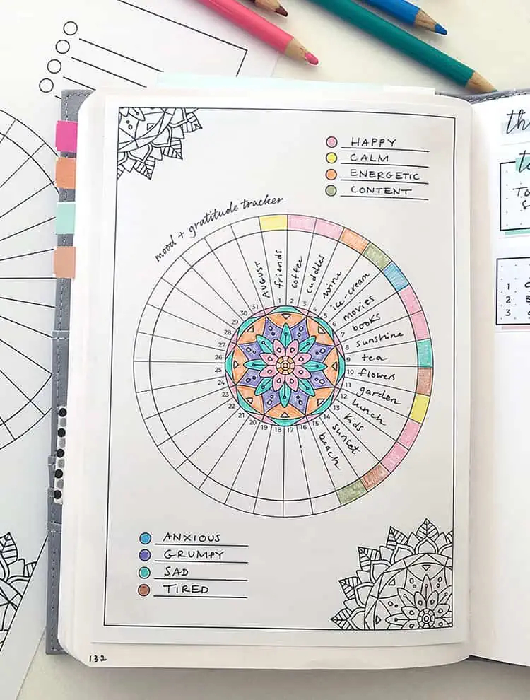 Gratitude and mood tracker bullet journal colored and filled