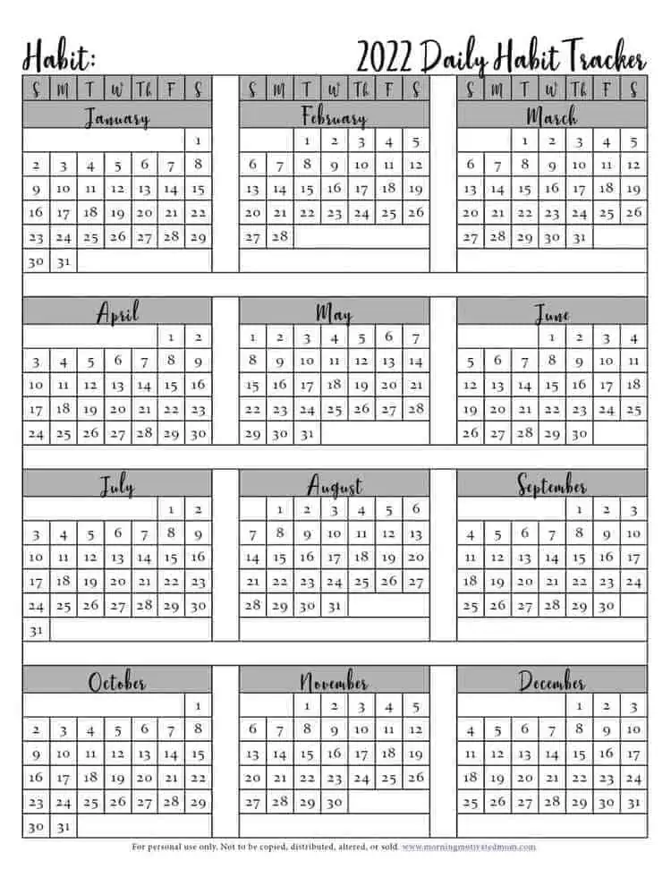 Habit Tracker 2022 calendar