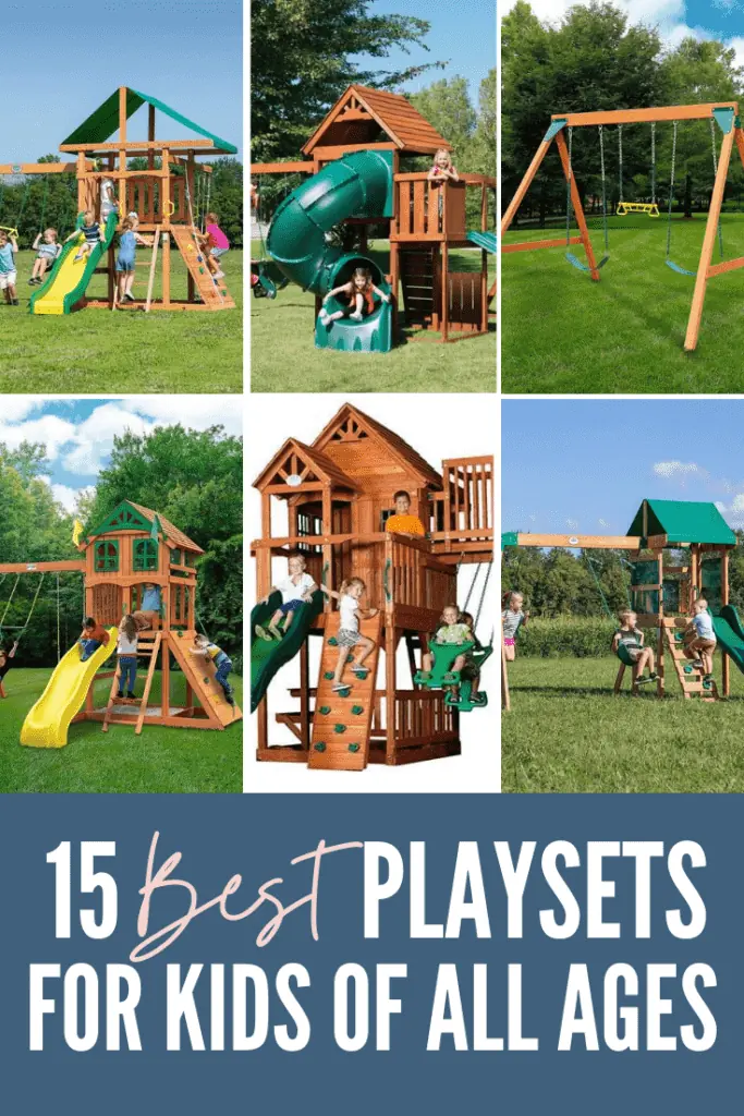 six playsets with slides, rock walls, swings, and kids playing