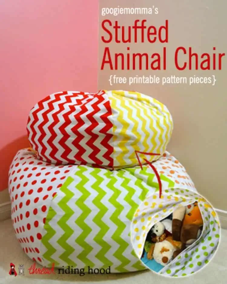 Stuffed Animal storage DIY Chair from colorful fabric with colorful Pattern