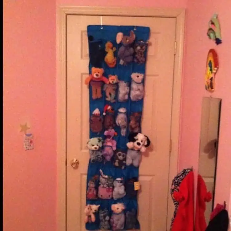 organized stuffed toys in a blue shoe organizer on the door