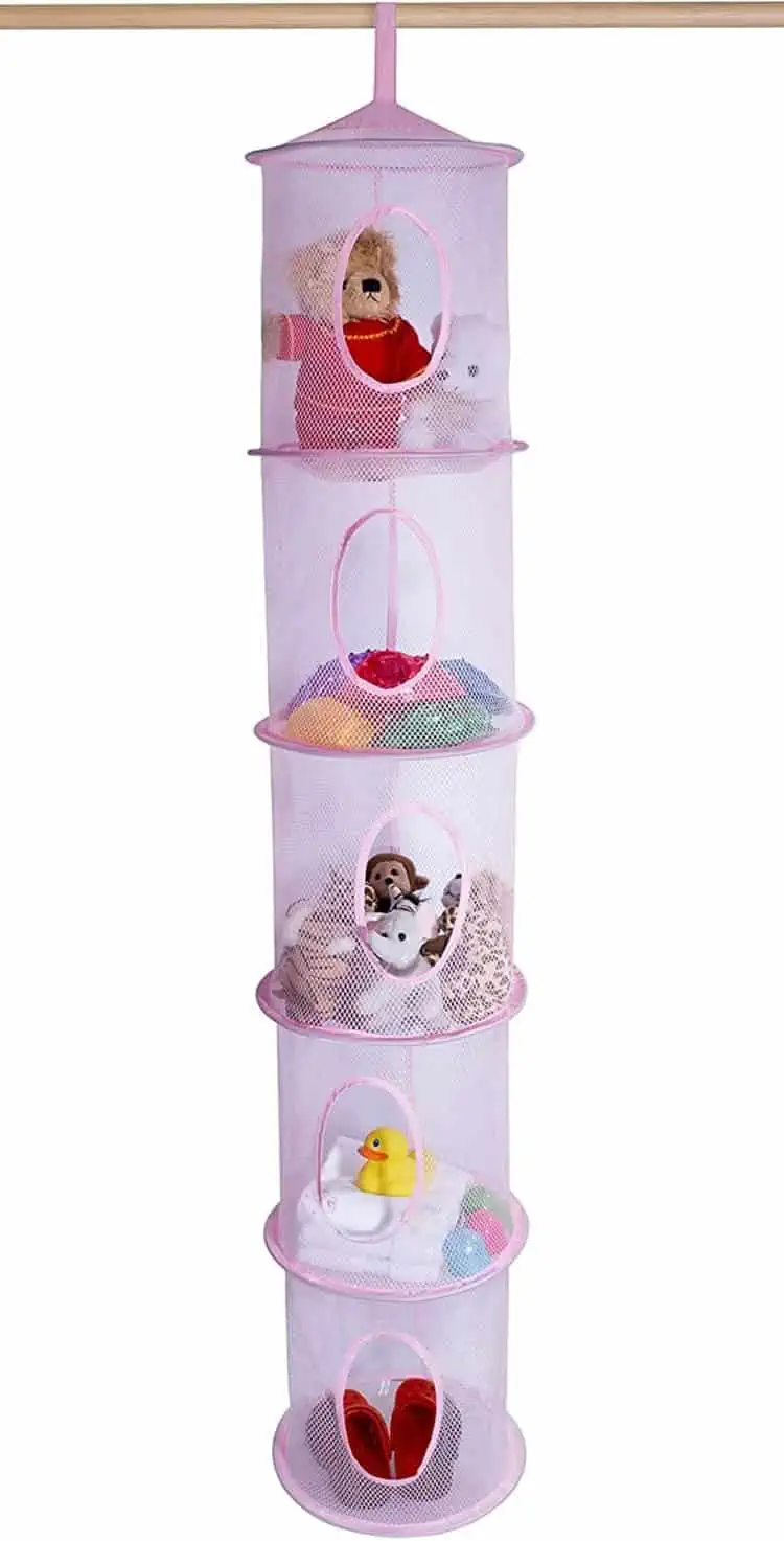 hanging mesh storage filled with stuffed animals