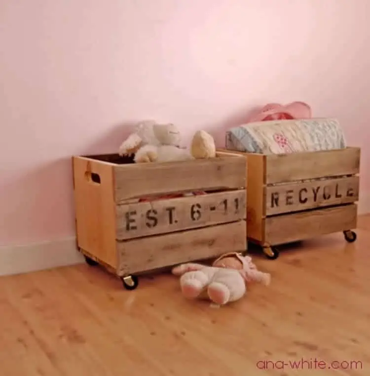 vintage look wooden crate stuffed animal storage on wheels