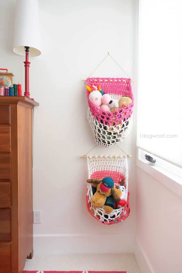 T-Shirt Yarn Hanging Baskets hanged on the wall filled with toys