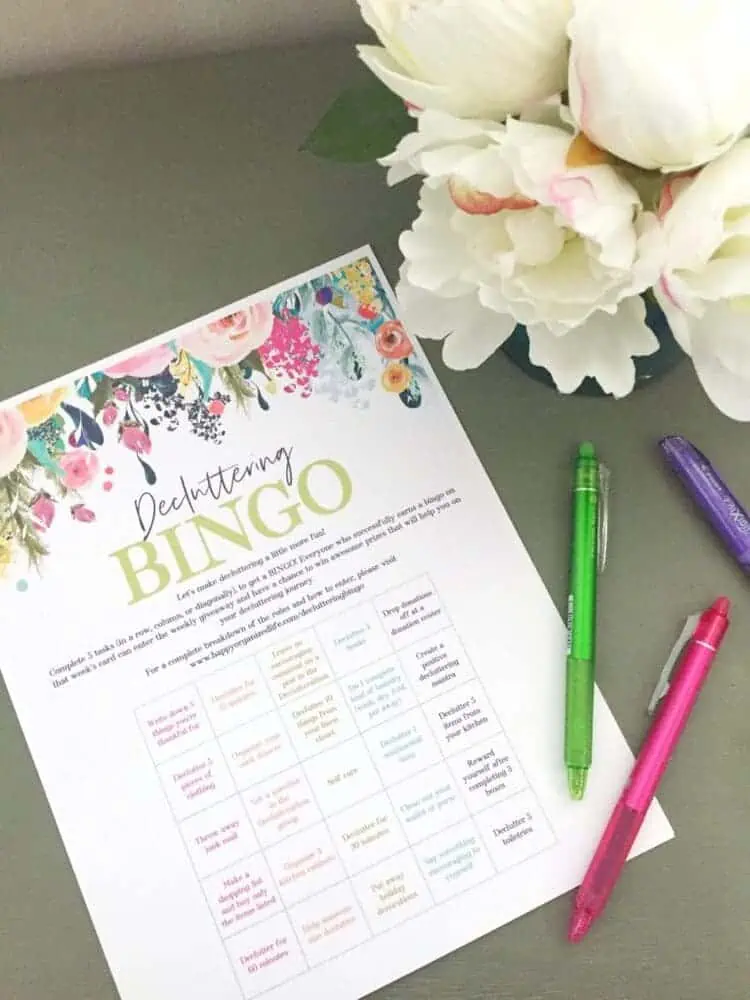 decluttering bingo game printable sheet layed on a table