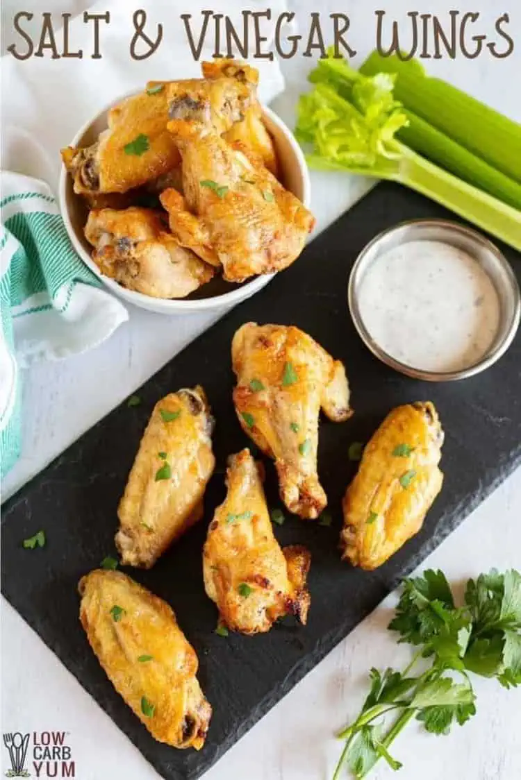 salt and vinegar chicken wings air fryer recipe served with dip