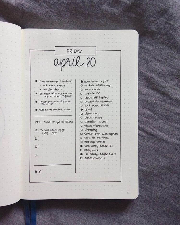 minimalist daily journal spread for friday april 20 with tasks and boxes