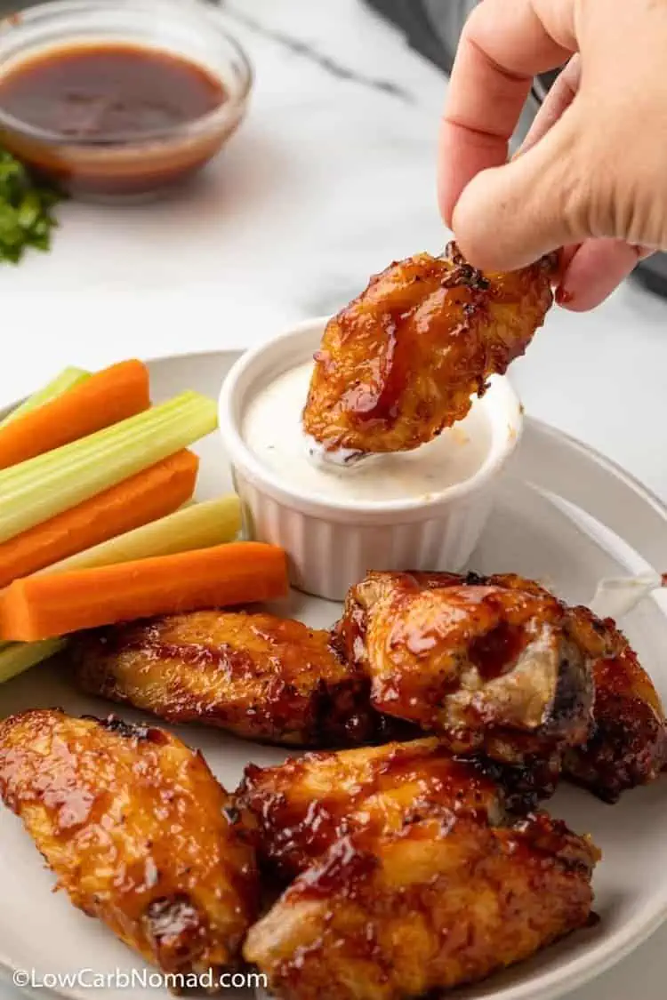 Low Carb Keto Air Fried BBQ Chicken Wings with white sauce dip carrots and celery