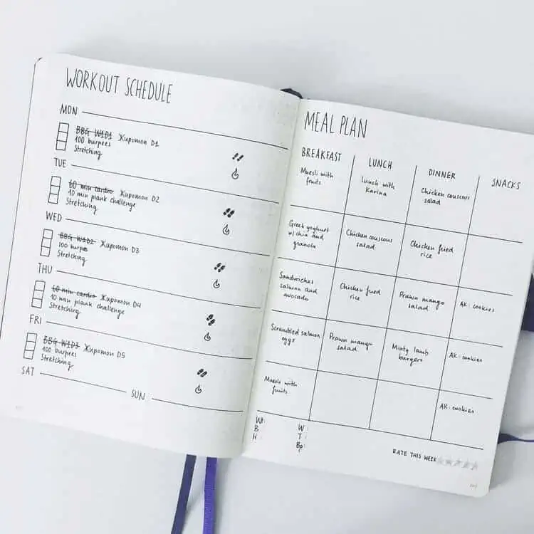 clean and minimalistic bullet journal ideas for workout schedule and meal plan