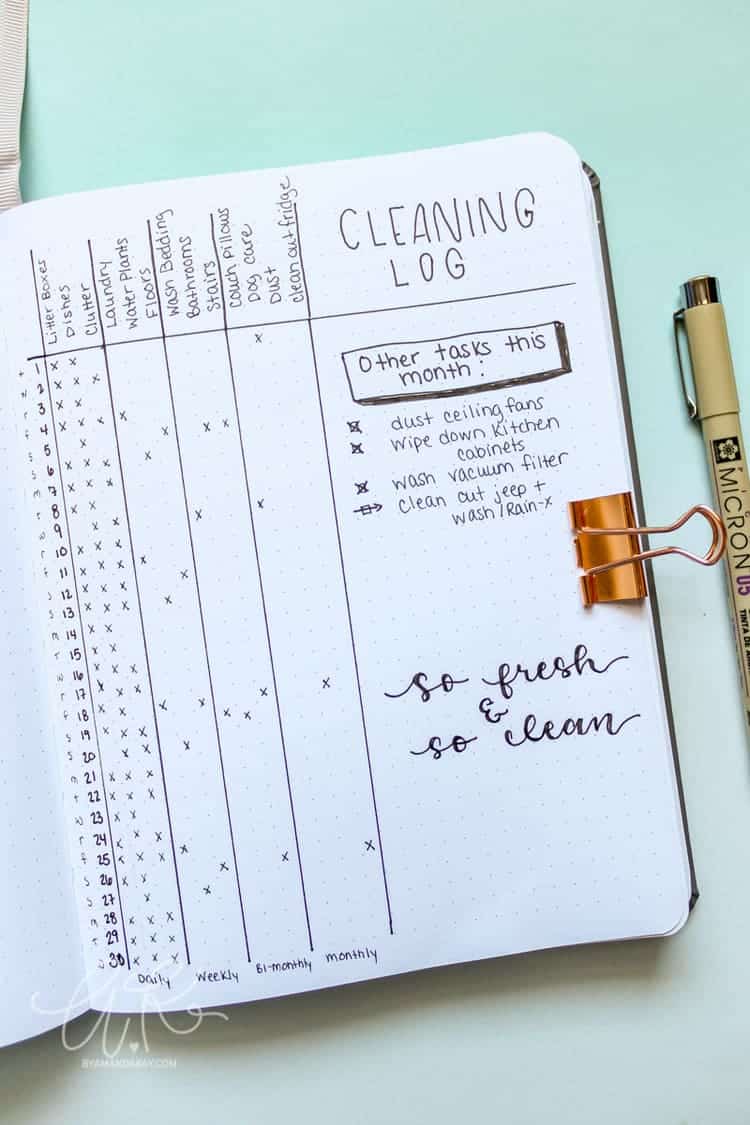 minimalist bullet journal ideas cleaning log monthly spread