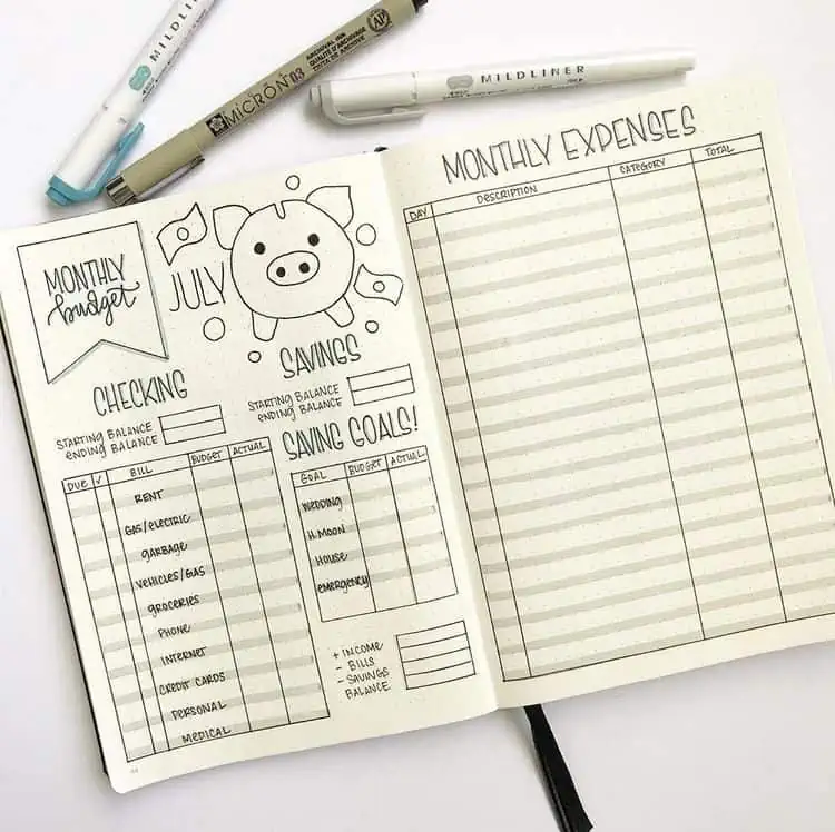 monthly budget journal sheet with savings and monthly expenses pages