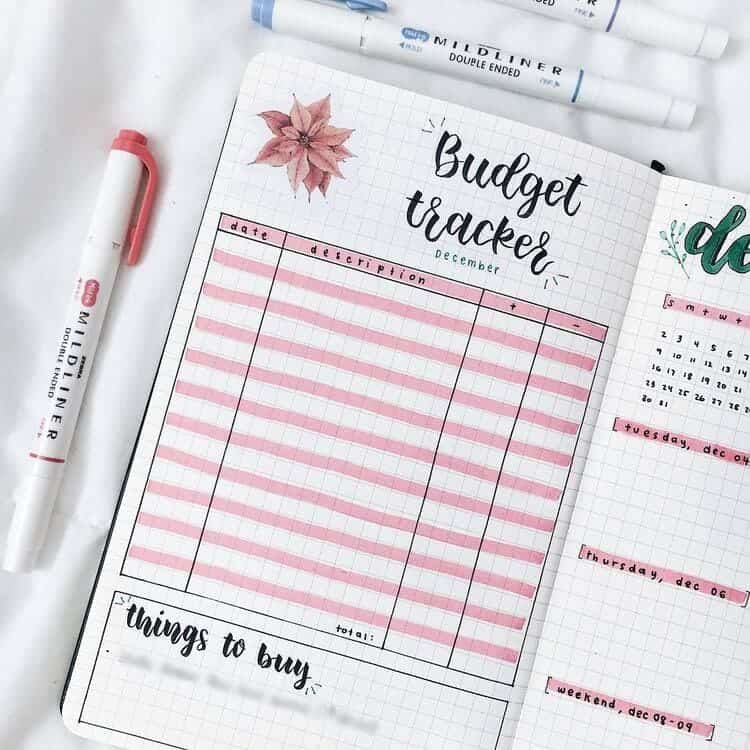Pink Flowers Budget Tracker with a sticker flower and pink highligts