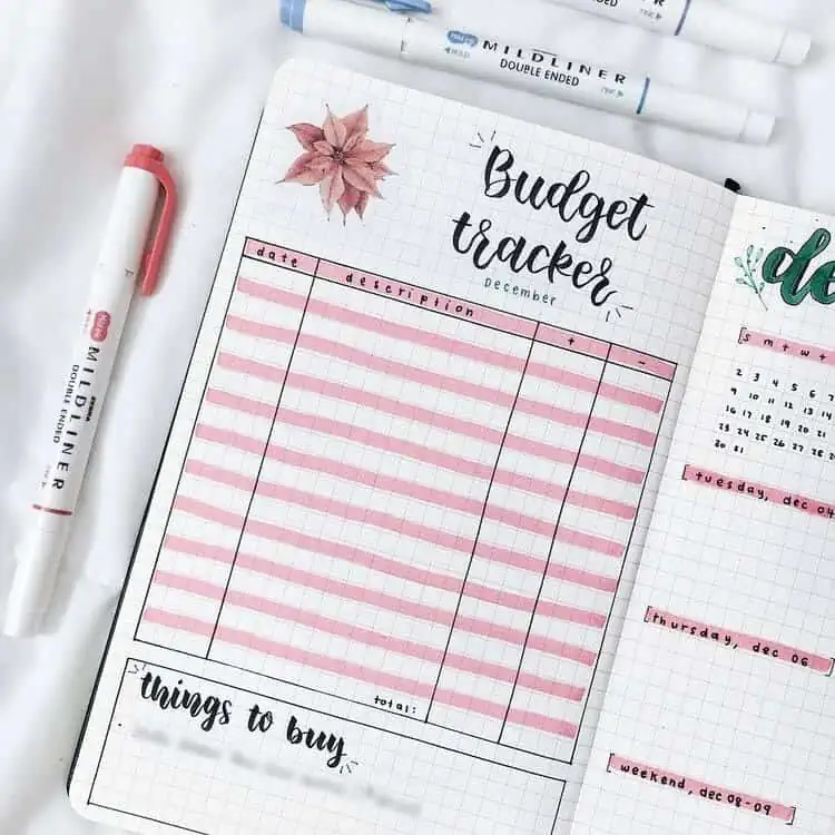 Pink Flowers Budget Tracker with a sticker flower and pink highligts