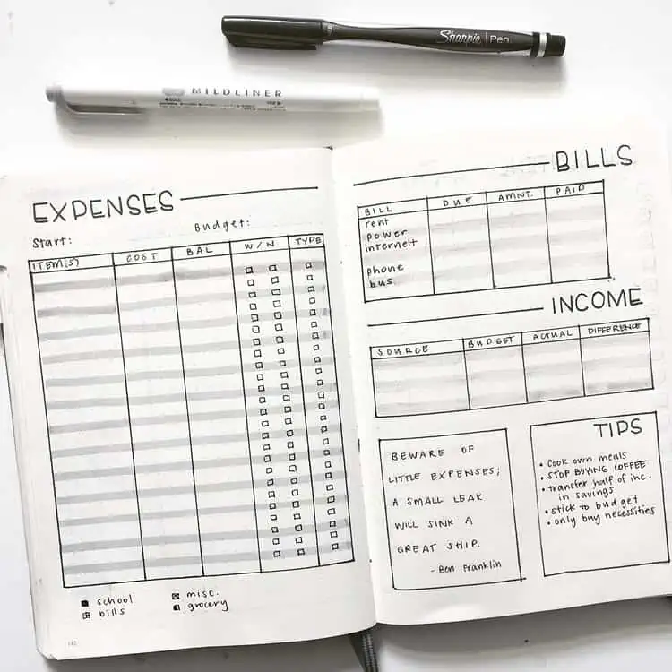 expenses bills income tips and quote on two page spread