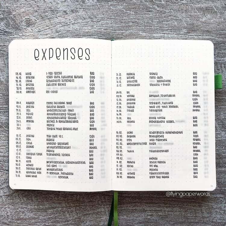 expenses log for a bullet journal minimalistic style