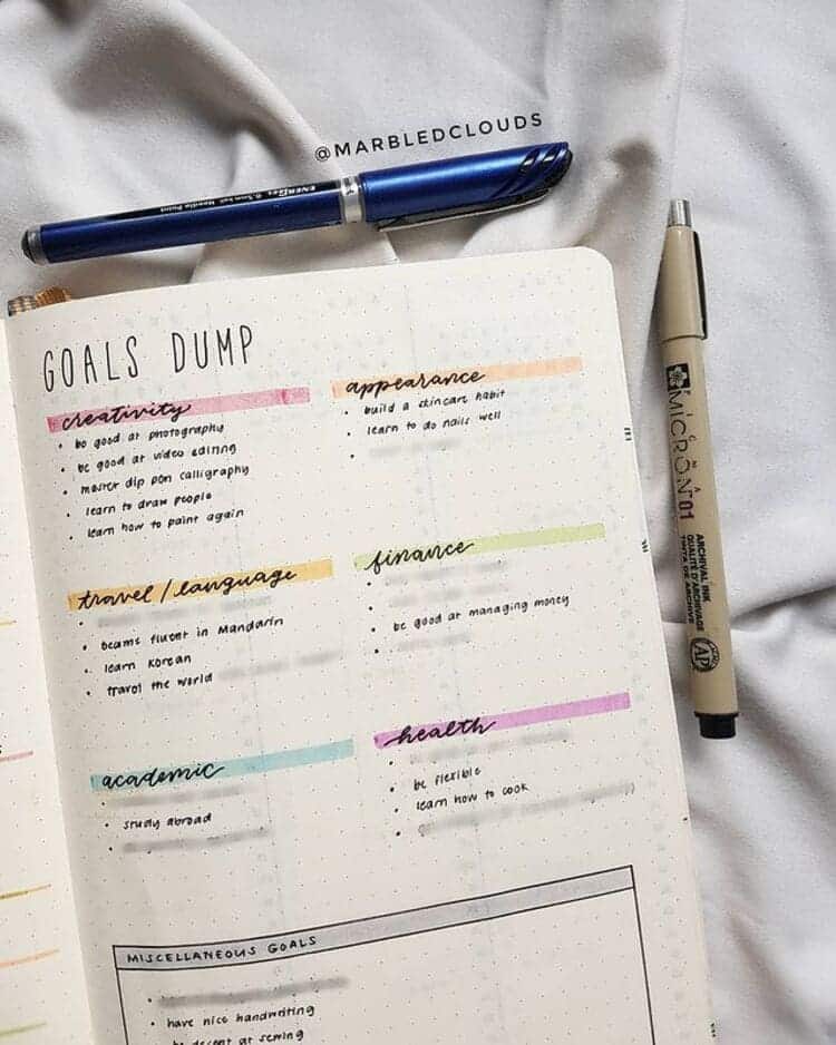 minimalist bullet journal ideas goals dump page