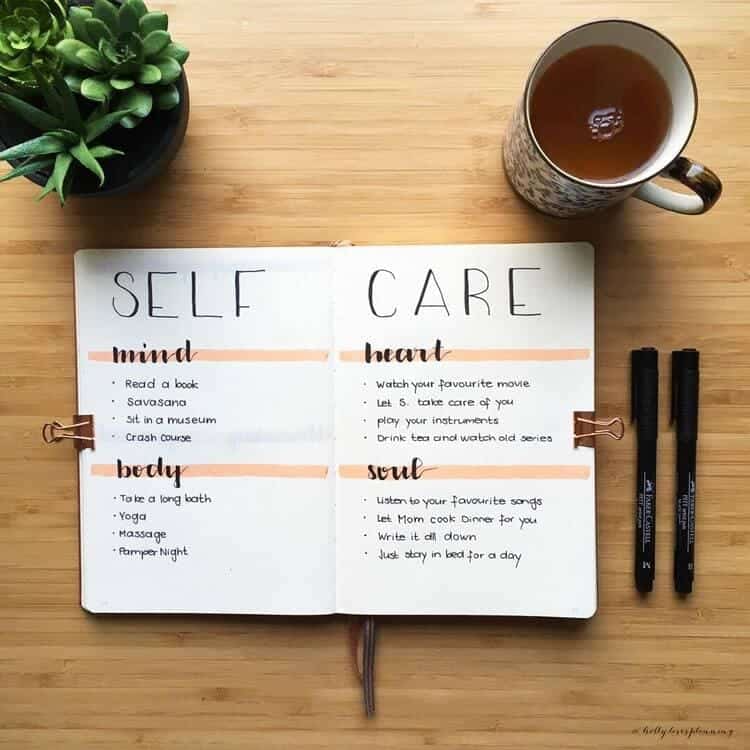 Self Care Spread for the Mind, Heart, Body, and Soul with pink highlighter