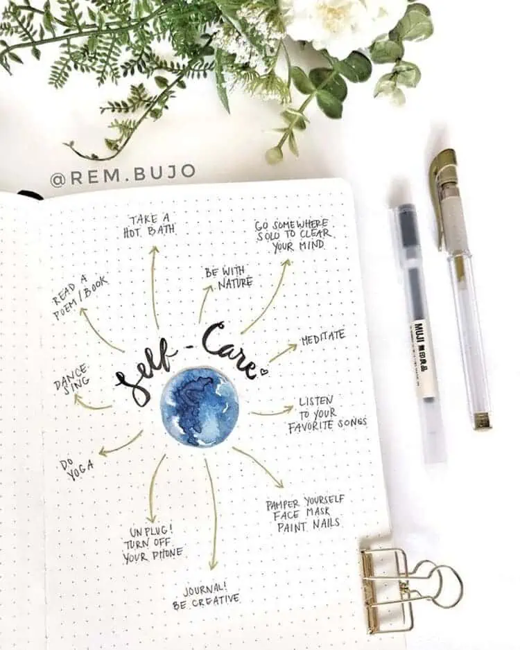 Blue moon self care bujo spread with white flowers