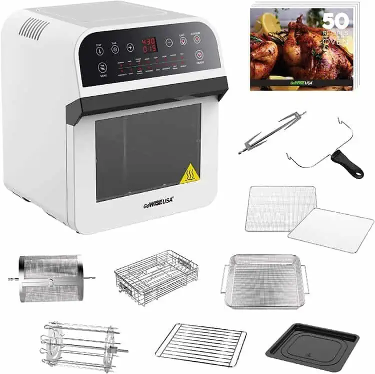 GoWISE GW44802-O Deluxe 15-in-1 Electric Air Fryer Oven with Rotisserie and Dehydrator and accessories