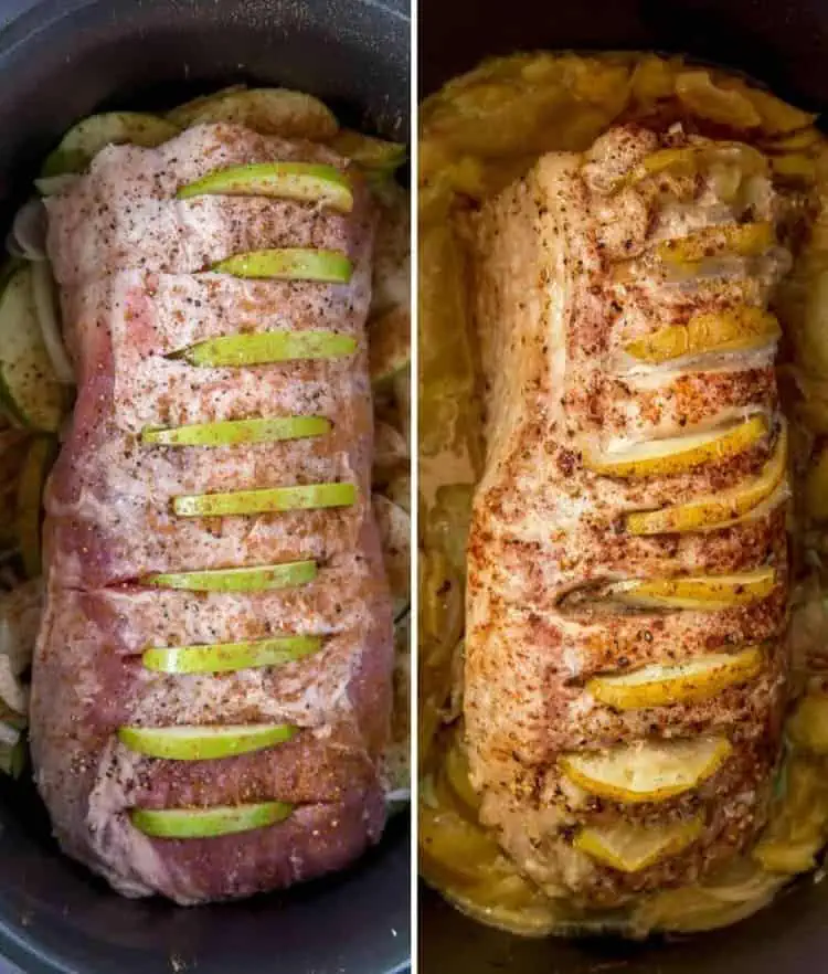 Simple Pork Loin Crock Pot Recipes Honey Apple Pork Loin two photo collage